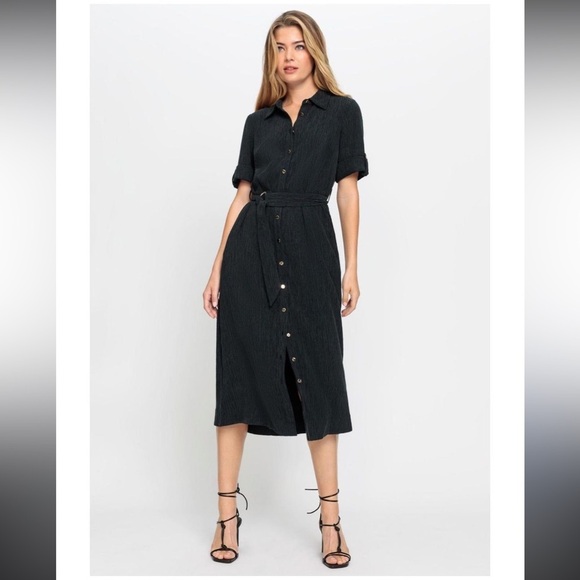 OLSEN Germany Crinkle Transitional A-line Midi Gray Button-Down Shirt Dress 38 - Picture 6 of 10